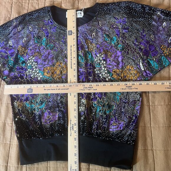 Vintage 80s Batwing Floral Embellished Purple Gold Glitter Top Glam Retro - Picture 8 of 8